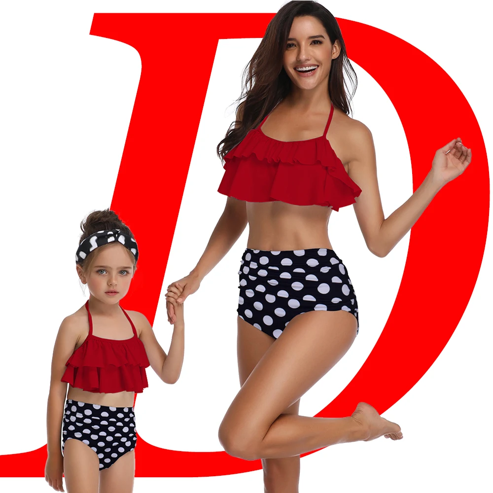 

Womens Swimsuit Mom and Daughter Red Polka Dot Ruffle Bikini Set Family Matching Swimwear Women Tube Top The Parent child Attire