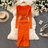 autumn orangeredblack knitted bodycon dress women vintage round neck long sleeve single breasted slim vestidos female 2021 new