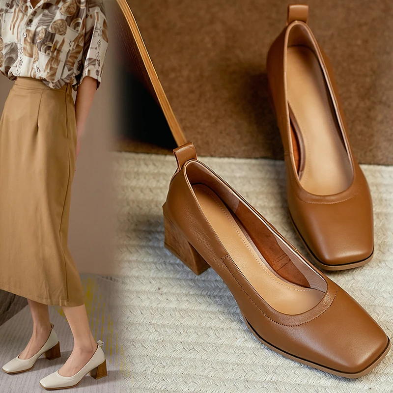 

Shallow Square Toe Shoes for Women Square Heel Autumn High Heels Shoes Genuine Leather Women Wedding Party Shoes Woman Pumps