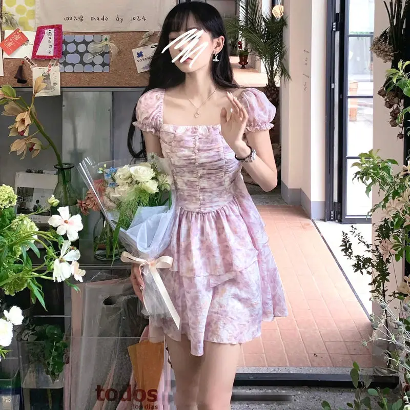 

Floral Design Vintage Sexy Summer Dress 2021 Short Sleeve Sweet Elegant Dress Women Korean Fashion Evening Party Dress Females