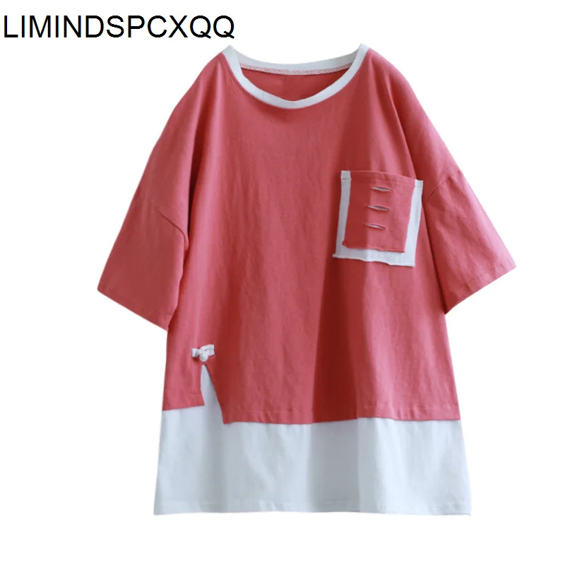 

LIMINDSPCXQQ 2021 Summer Women's Round Neck Casual Short Sleeve Large Loose Stitching Round Neck Patch Short Sleeve Hole T-shirt