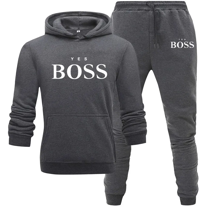 

Men Yes Boss Print Suit Two Pieces Set Men's Hoodies Sweatshirt+Pants Male Hoody Jogging Tracksuit Men Sportswear Brand Outfit