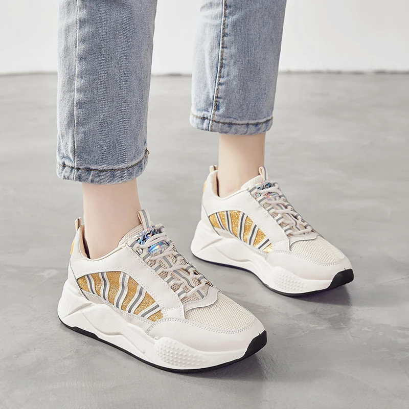 Женские кожаные кроссовки на платформе бежевые повседневные осень 2019|Женские