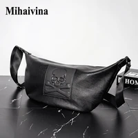 mihaivina chest bag for men skull black leather belt bag unisex shoulder messenger bags trendy women travel phone crossbody bags