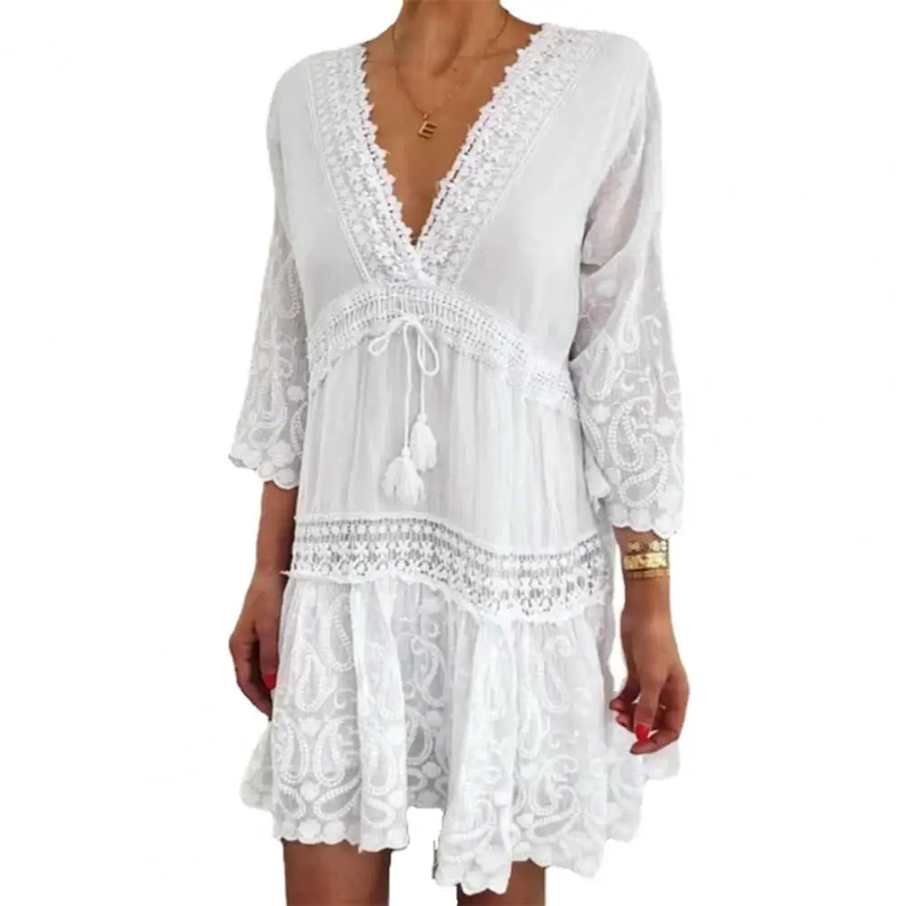 

New Fashion Women Dress Sexy Floral Print Crochet Patchwork Summer 3/4 Sleeve V Neck Lace-up Dress Beachwear