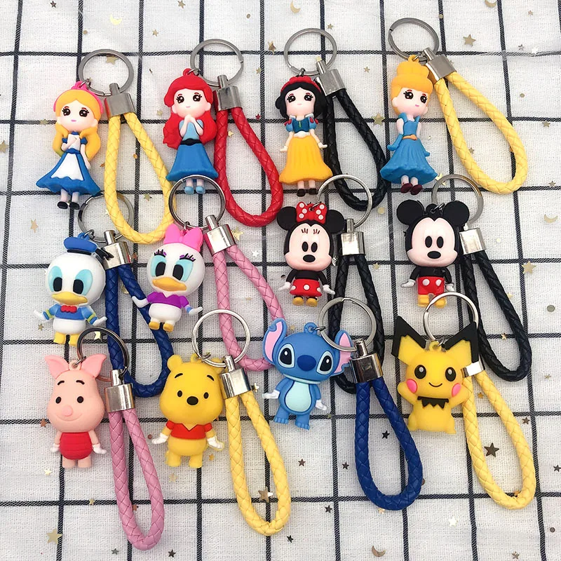 

Disney Mickey Mouse Minnie Stitch Keychain Cute Cartoon Snow White Piglet Winnie the Pooh Figures Pendant For Car Bag Keyring