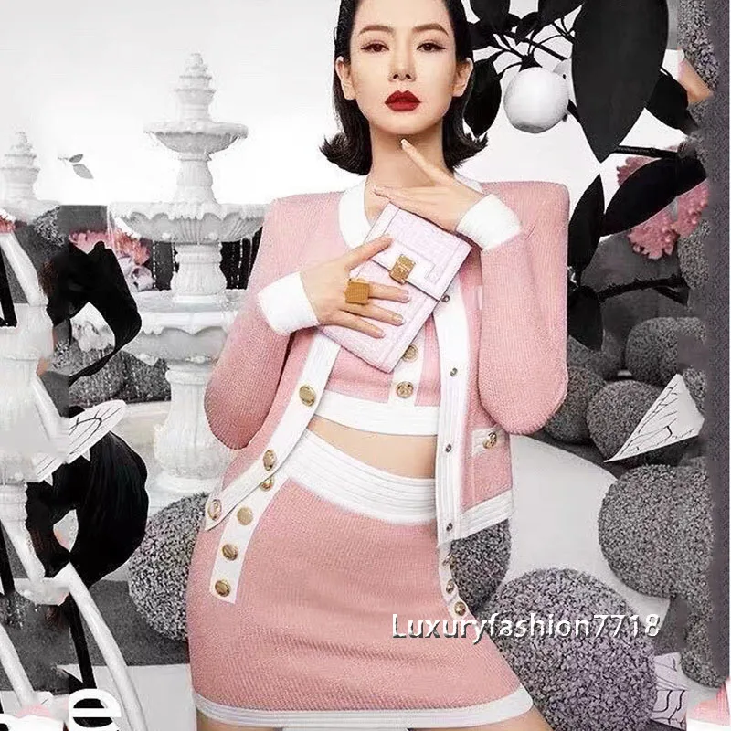 

Fashion women 2 two piece outfits Knit suit Single breasted round neck long sleeved cardigan+Vest+High Waist Hip Wrap Skirt set