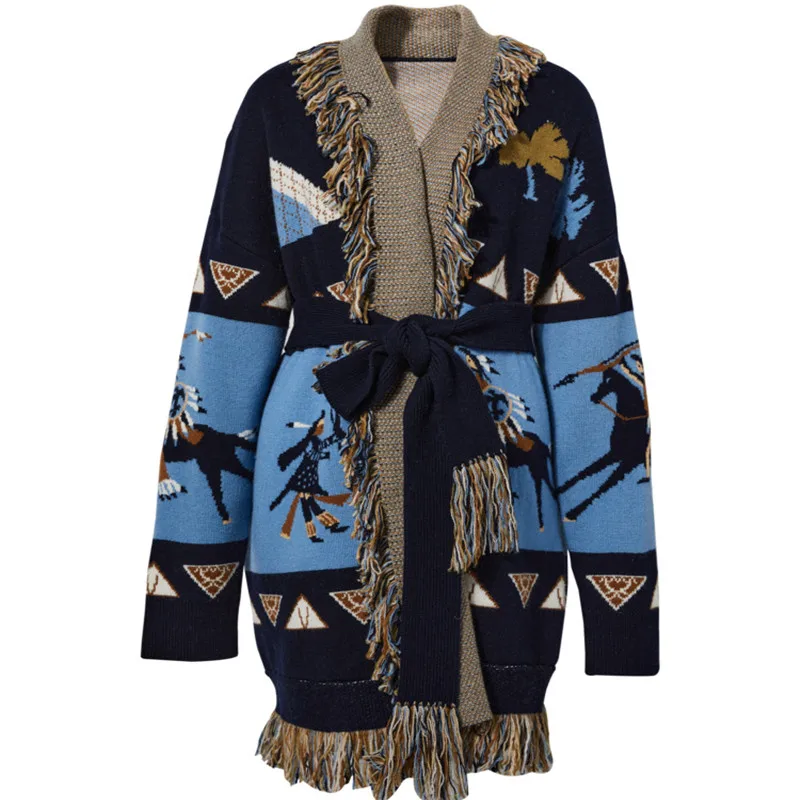 

2021 Spring Chic OL elegant Belt cashmere cardigans Top Women's High quality Wool tassels knitted coat C175