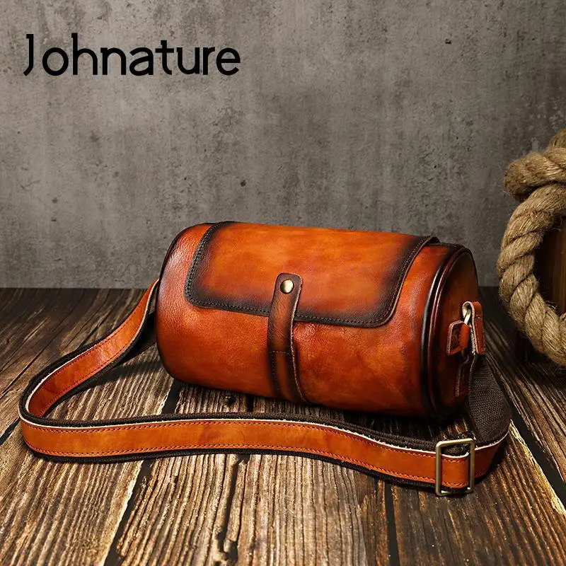 Johnature Versatile Genuine Leather Vintage Men Bag Natural Real Cowhide Barrel-shaped Leisure Man Shoulder & Crossbody Bags
