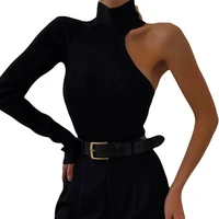 black turkneck bodysuit women one shoulder long sleeve skinny basic bodysuit rib knit slim body streetwear tops casual rompers
