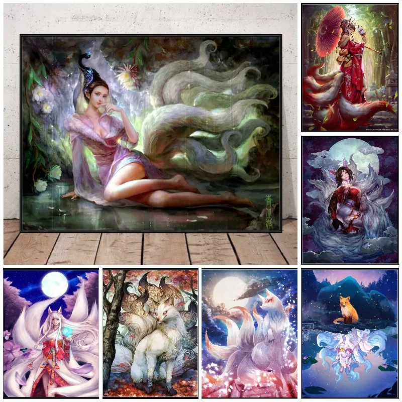 

5d Full Drills Diamond Painting Nine Tailed Fox Kitsune Woman Embroidery Art Poster Cross Stitch Handicraft Gift For Room Decor