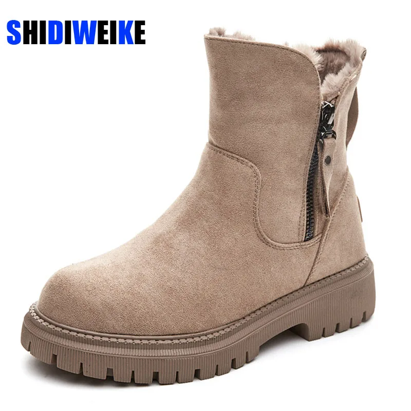 

Женские зимние ботинки с плюшевой подкладкой; Однотонные женские ботинки из флока на молнии; Удобная теплая женская зимняя обувь из коровье...