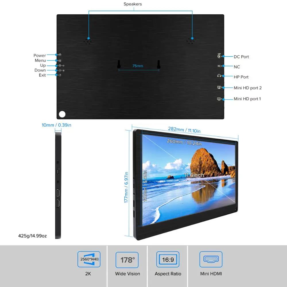 UPERFECT 11 дюймов 2K IPS экран портативный монитор ПК PS3 PS4 Xbo x360 1080P hdmi дисплей