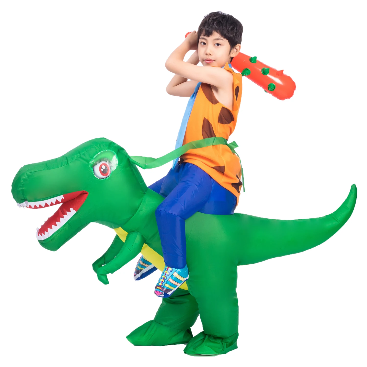 Boys Caveman Fred Riding Dinosaur Inflatable Costume Child Kids Halloween Purim Party Inflated Fancy Dress Cosplay