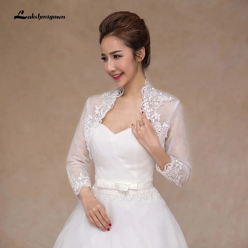 Женское свадебное кружевное болеро элегантное белое с длинным рукавом 3/4 на