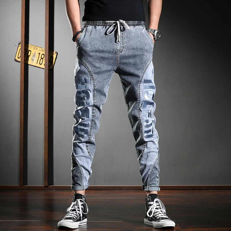 Autumn Men Fashion Embroidery Gray Jeans Slim Fit Pencil Pants Streetwear Drawstring Denim Trousers