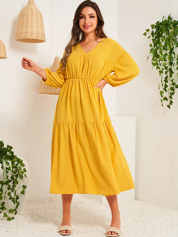 

New 2022 Dress Women Yellow Straps Bandage V-neck Pleated Beach Holiday Elegant Lantern Long 3/4 Sleeve Sweet Midi Dress