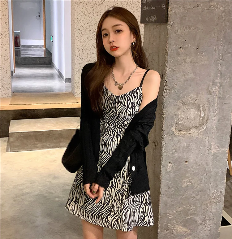 spring 2021 new Korean zebra suspender skirt middle versatile slim dress women |