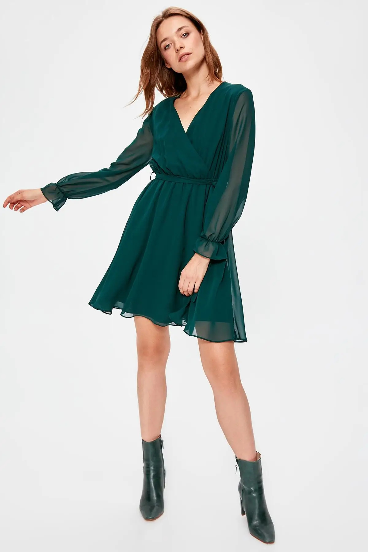 Trendyol изумрудное платье с зеленым ремнем TWOAW20EL0789|Женские платья| |