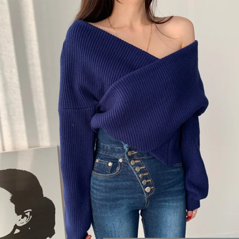 

Korea Fashion Knitted Cropped Sweater Woman Vintage Clothes Cross Leaked Shoulder V-Neck Sexy Pullover Long Sleeve Top Jumper