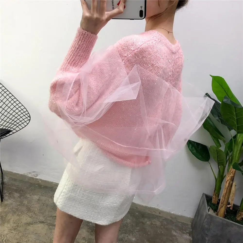 WHITNEY WANG 2019 мода уличная сетка лоскутное блестки мерцающий свитер женский джемпер