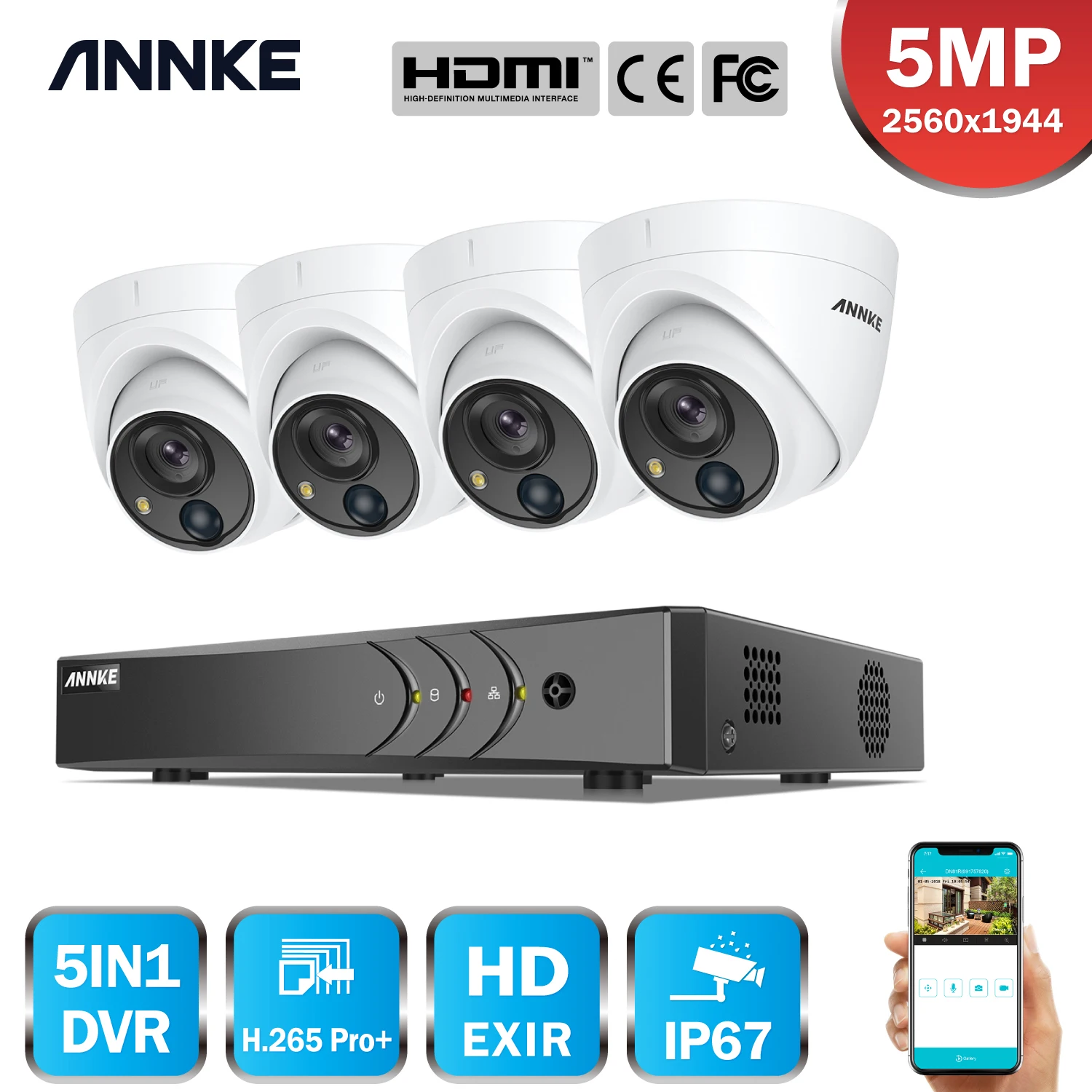 Система видеонаблюдения ANNKE 5MP Lite HD, 4 канала, 5 в 1, H.265 + DVR, 4 камеры 5 Мп