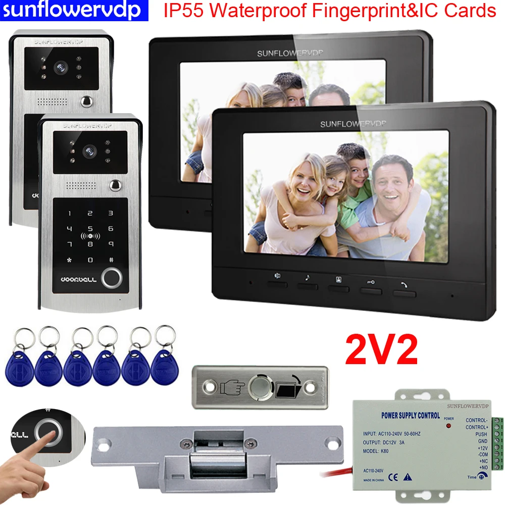 

2v2 For 2 Doors Fingerprint Keypad Video Intercom System IP55 Waterproof Door Bell Camera 7" Color Monitor Video-Eye With Lock