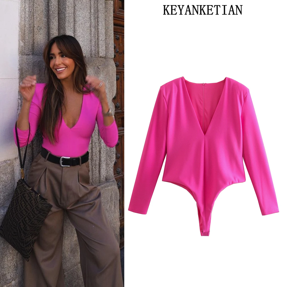 

KEYANKETIAN ZA Fashion rose red sexy tight-fitting slim retro long-sleeved one-piece with shoulder pad street jumpsuit
