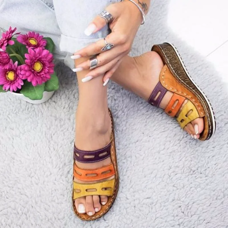 

Women Summer Stitching Sandals Casual Slip on Open Toe Sandals Rome Retro Leather Platform Wedge Slides Ladies Beach Shoes
