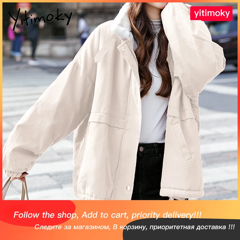 

Yitimoky Velvet Jacket Warm Flocking Winter Clothes Women Loose Fashion Coat 2021 Fall New Safari Style Thick Top Pockets Zipper