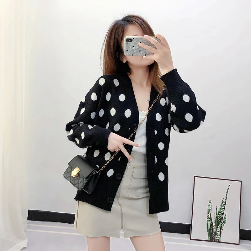 TingYiLi кардиган в Горошек женский осенне-зимний свитер Кардиган корейский бежевый