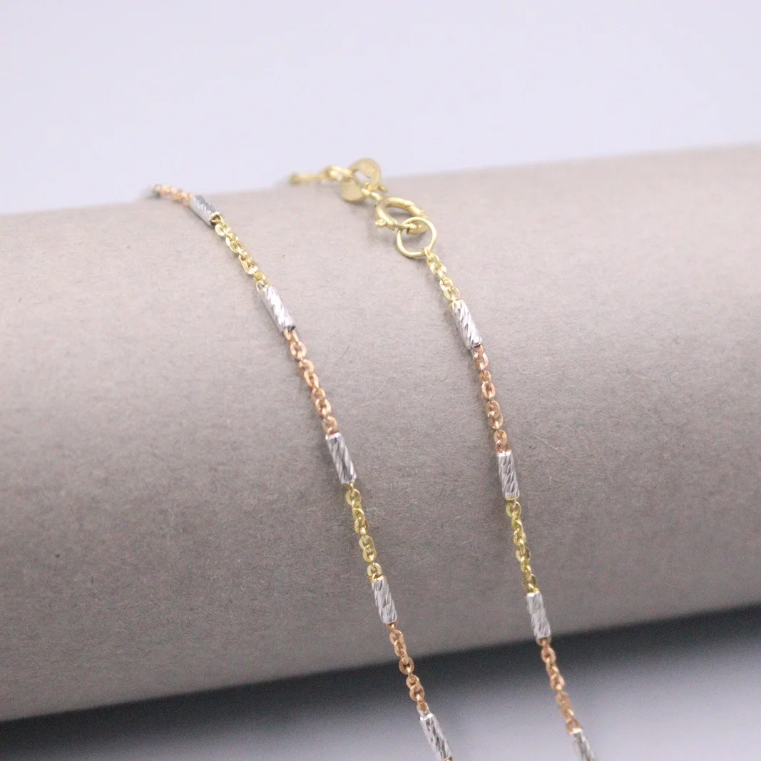 

Au750 Real 18K Multi-tone Gold Chain Neckalce For Women Female 1.4mm Color Beads Rolo Link Choker Gold Necklace 16''L Gift