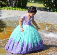 aqua tulle flower girls dress with lilac appliques lace ball gown short cap sleeve formal kids wear for wedding party vestidos