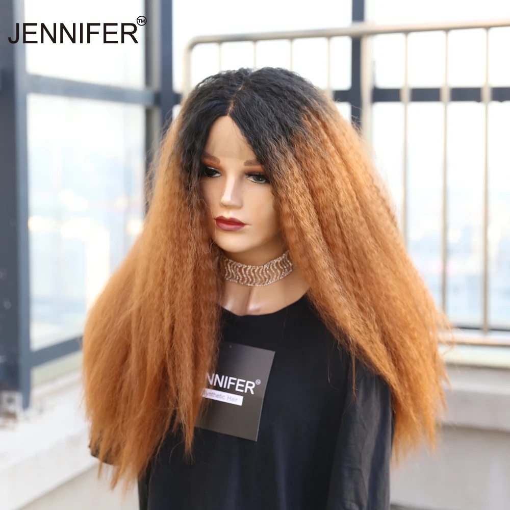 

Synthetic wigs Middle Part Lace Wig Yaki Kinky Stragiht Wig Brown color Cosplay Wigs For Women Heat Resistant Fiber
