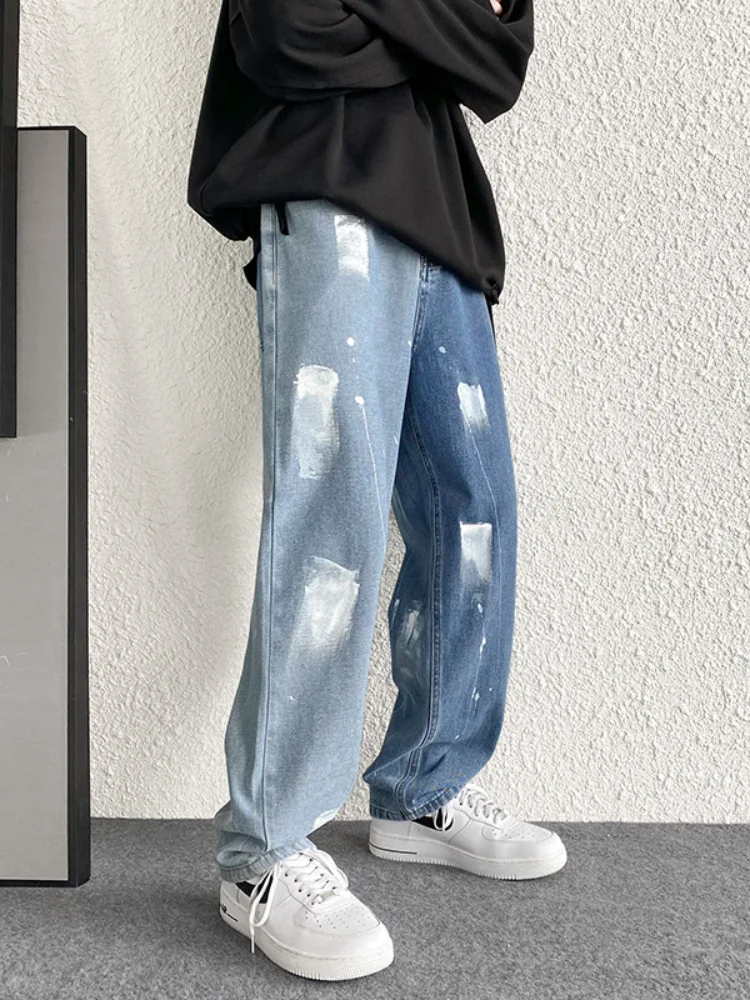 ICCLEK Splash Ink Jeans Men's Straight Loose Pants Spring and Autumn Casual Trousers Ripped Jeans for Men  Straight Leg Jeans