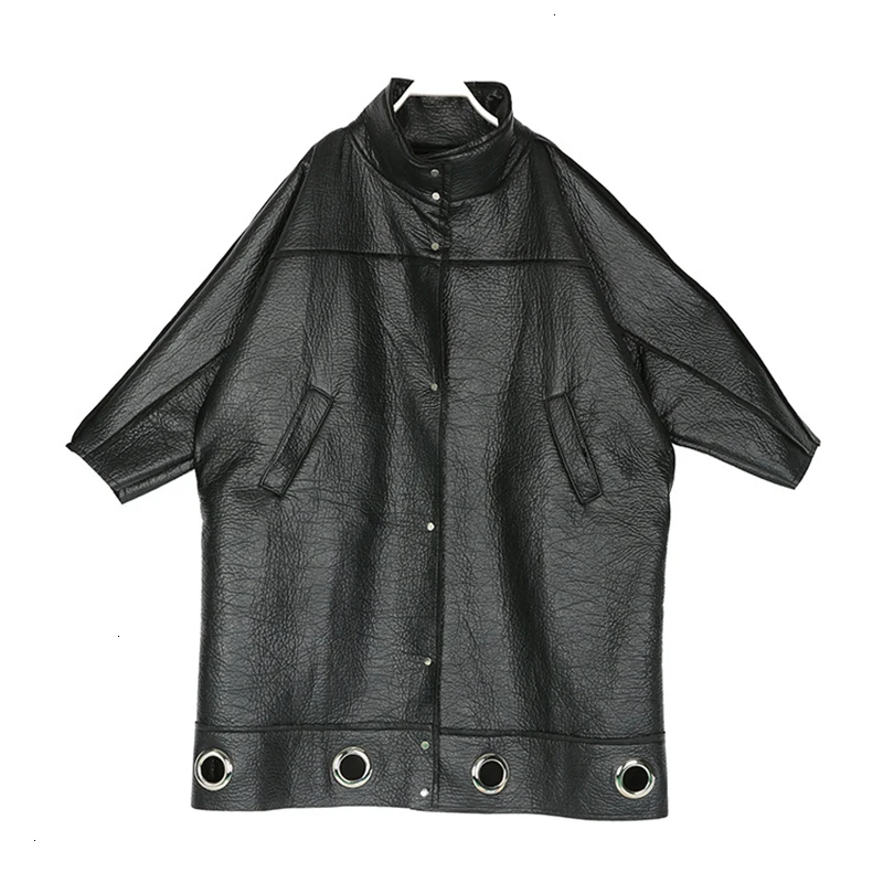 TWOTWINSTYLE Hollow Out PU Leather Lace Up Womens Coats Stand Collar Batwing Sleeve Coat Female Autumn Oversize Fashion New