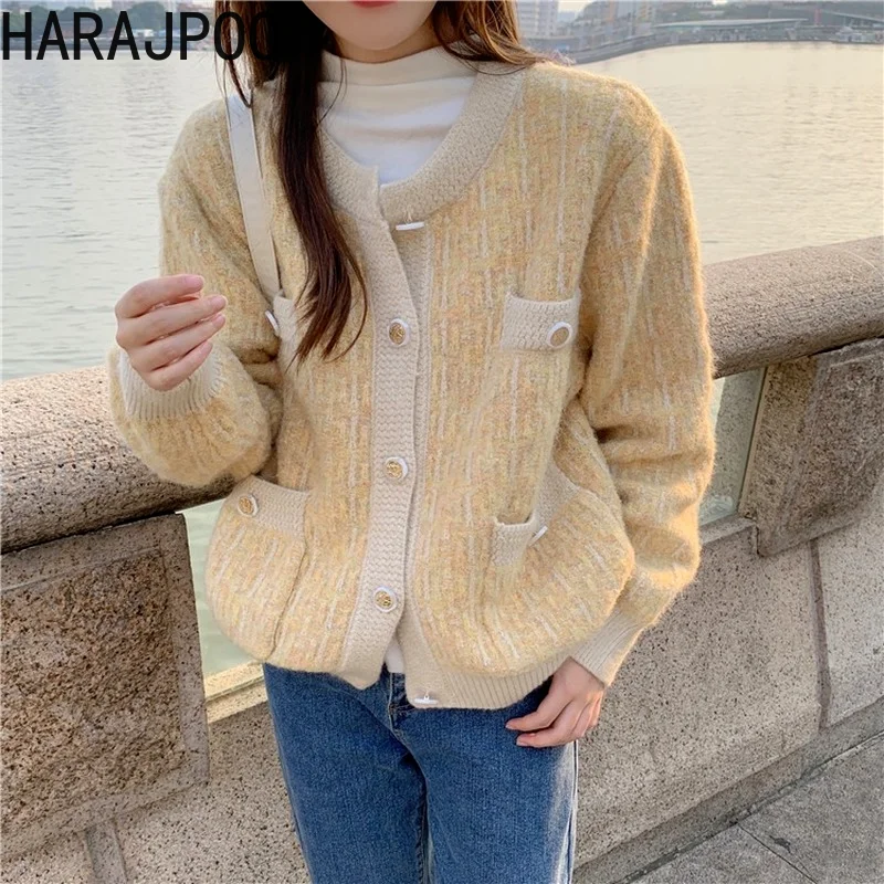 

Женский свитер Harajpoo, осенняя корейская мода, новый стиль, корейский Свободный дикий карман, Повседневная желтая трикотажная куртка с длинны...