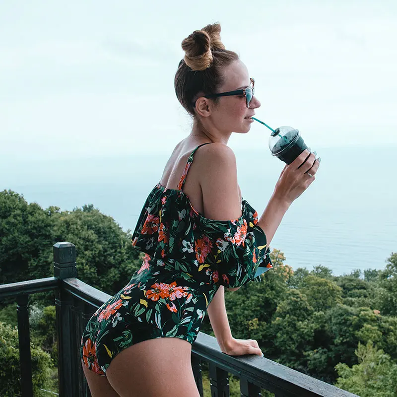 Женский слитный купальник размера плюс с зелеными цветами купальный костюм для