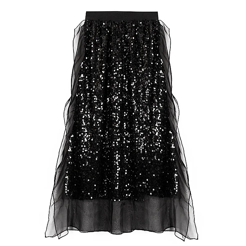 Женская длинная сетчатая юбка с блестками роскошная дизайнерская черная