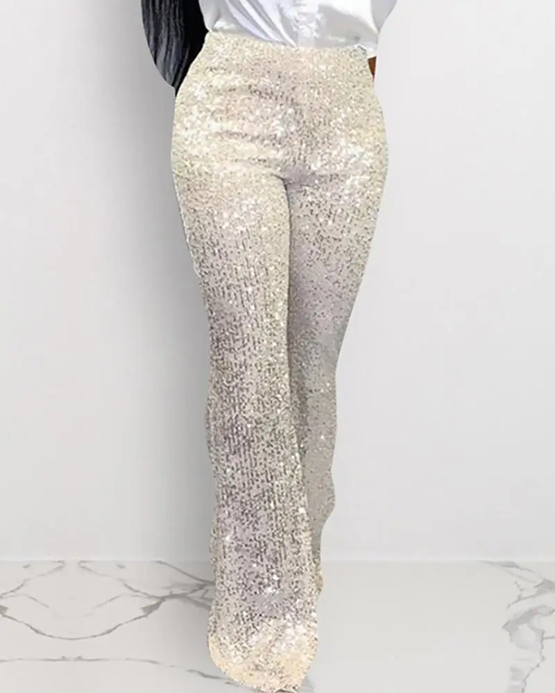 Sequins High Waist Wide Pants Woman Glitter Silver Black High Waist Trousers for Female Party Dance Flared Legs Pants