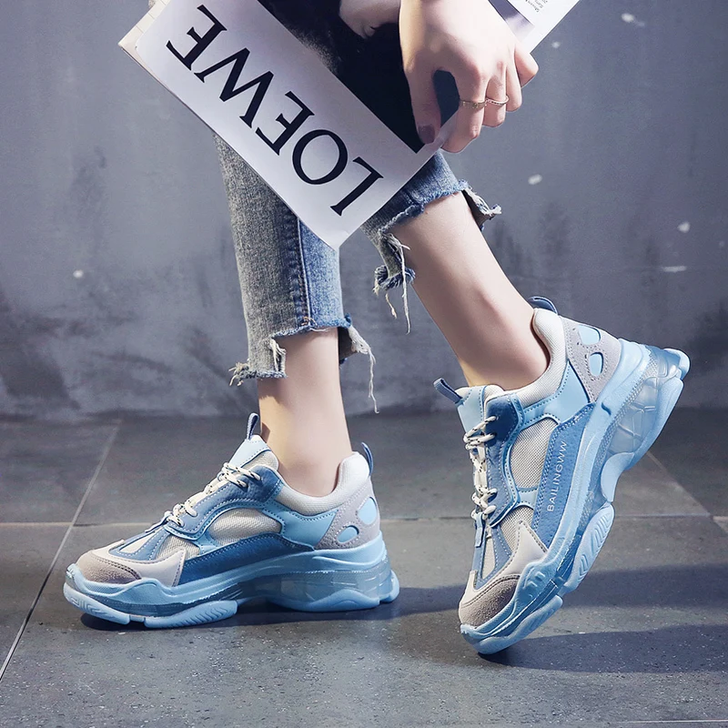 Синие кроссовки женские дышащие сетчатые ботинки с массивным каблуком женская