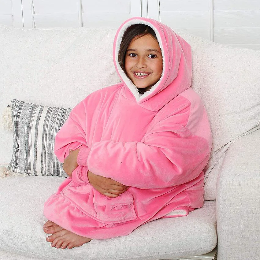 

Microfiber Plush Coral Fleece Sherpa Blanket With Sleeves Super Soft Warm Outdoor Pocket Hoodie Kids Winter Hooded TV Blankets