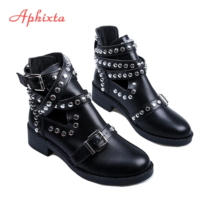 Aphixta/черные женские ботильоны с заклепками; ботинки из искусственной кожи; ремни с металлическими пряжками; женские ботинки на квадратном каблуке с шипами; обувь в байкерском стиле