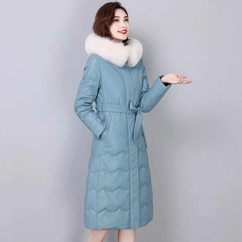 New Women Leather Down Coat 2022 Autumn Winter Thick Warm Fox Fur Collar Butterfly Belt Slim Long Sheepskin Down Jacket