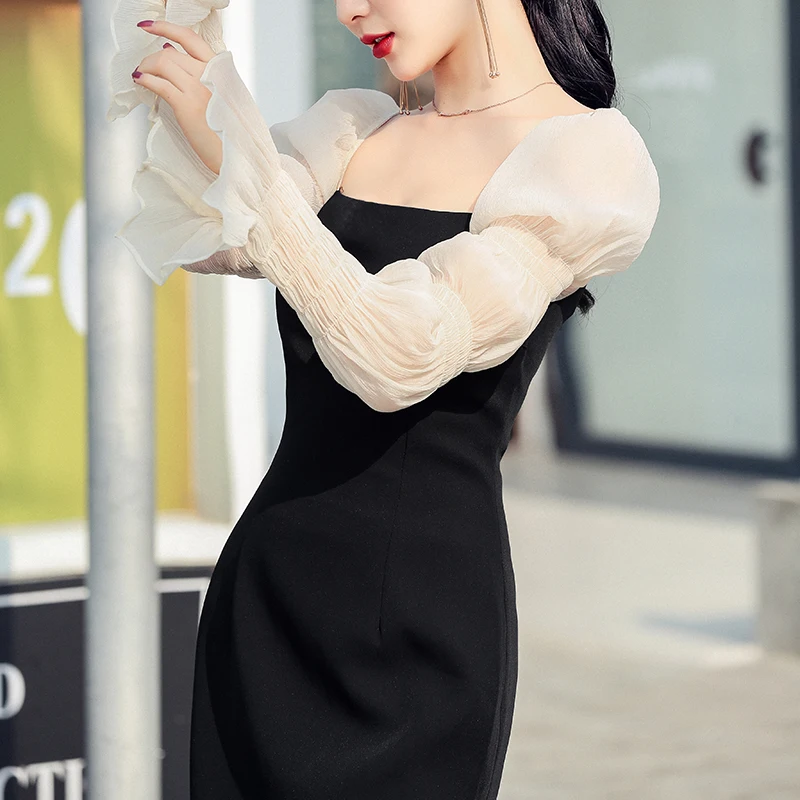 

French Black Dress 2021 Spring Ladies Trumpet Sleeve Mid Length Plus Dress Elegant Mesh Sleeve Square Neck High Waist Vestidos