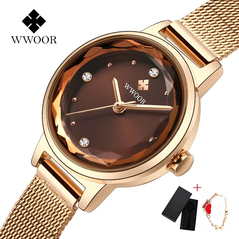 Rose Brown WWOOR, роскошные женские часы из розового золота, водонепроницаемые женские кварцевые часы из нержавеющей стали с сетчатым ремешком, повседневный браслет, Подарочная коробка - Цвет: Rose Brown