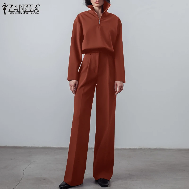 

OL Suits ZANZEA Elegant Solid Loose Matching Women Casual Long Sleeve Elastic Waist Top Zip Trouser Autumn Work Baggy Pant Sets