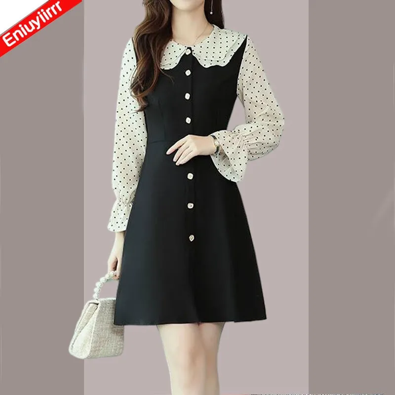 

Женское простое маленькое черное платье, элегантное офисное платье с круглым воротником, милое женское платье, осень 2021