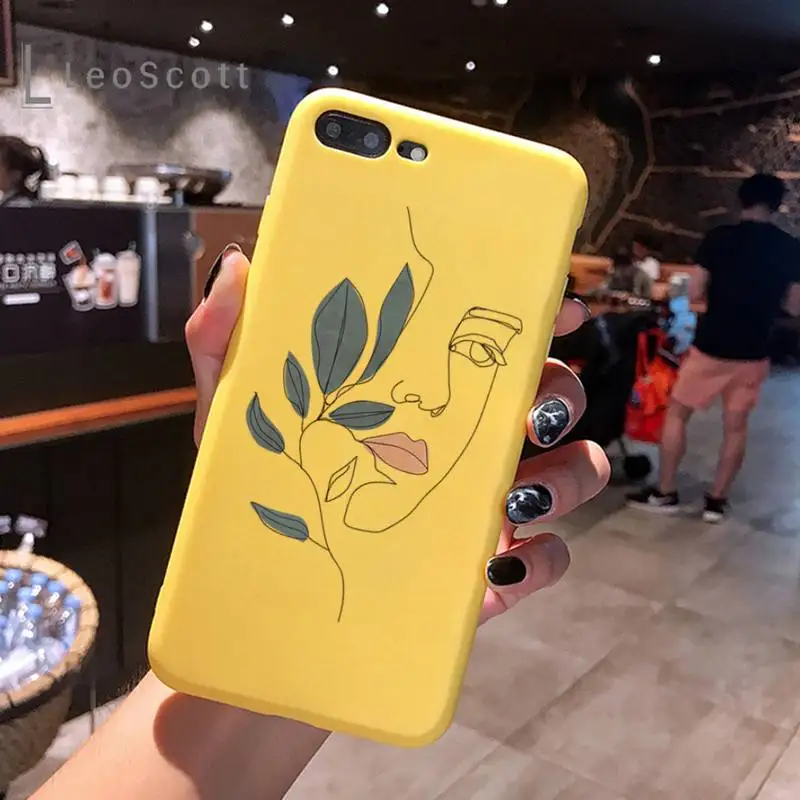 

Art line Retro Abstract Geometry leaves Phone Case Yellow Candy Color for iPhone 6 7 8 11 12 s mini pro X XS XR MAX Plus