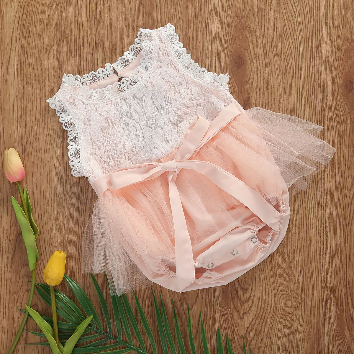 

0-18M Sweet Infant Baby Girls Rompers Lace Flowers Sleeveless Pink Jumpsuits Clothes Summer Outfits